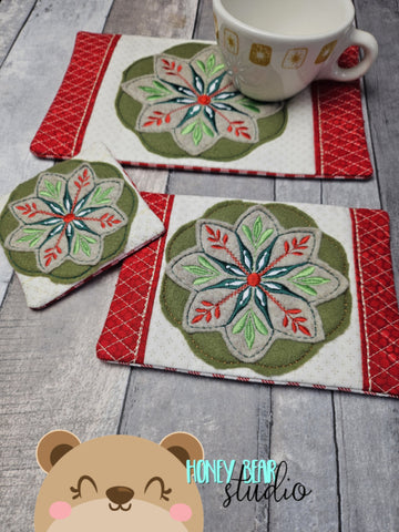 Folk Art Christmas Floral Aster Coaster MUG RUG Snackmat Set 4x4,5x7,6x10  DIGITAL DOWNLOAD embroidery file ITH In the Hoop 0924 01