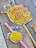 Squeeze the Day Lemons includes PLANT STICK SIZE pencil topper AND straw slide for 4x4  DIGITAL DOWNLOAD embroidery file ITH In the Hoop 0624 02