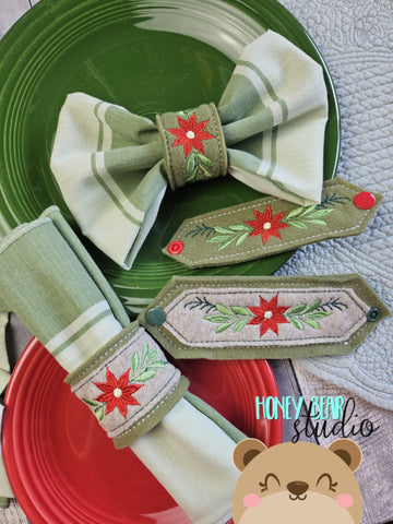 Felt Folk Art Christmas Poinsettia Napkin Ring SET 4x4 and 5x7  DIGITAL DOWNLOAD embroidery file ITH In the Hoop 0924 01