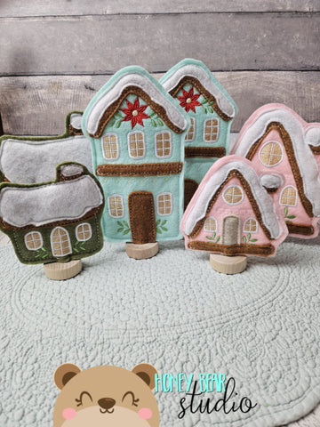 Folk Art Stick Christmas Village SET 2 Felt Version Three Styles & Two Sizes for 4x4, 5x7 DIGITAL DOWNLOAD embroidery file ITH In the Hoop 0924 01